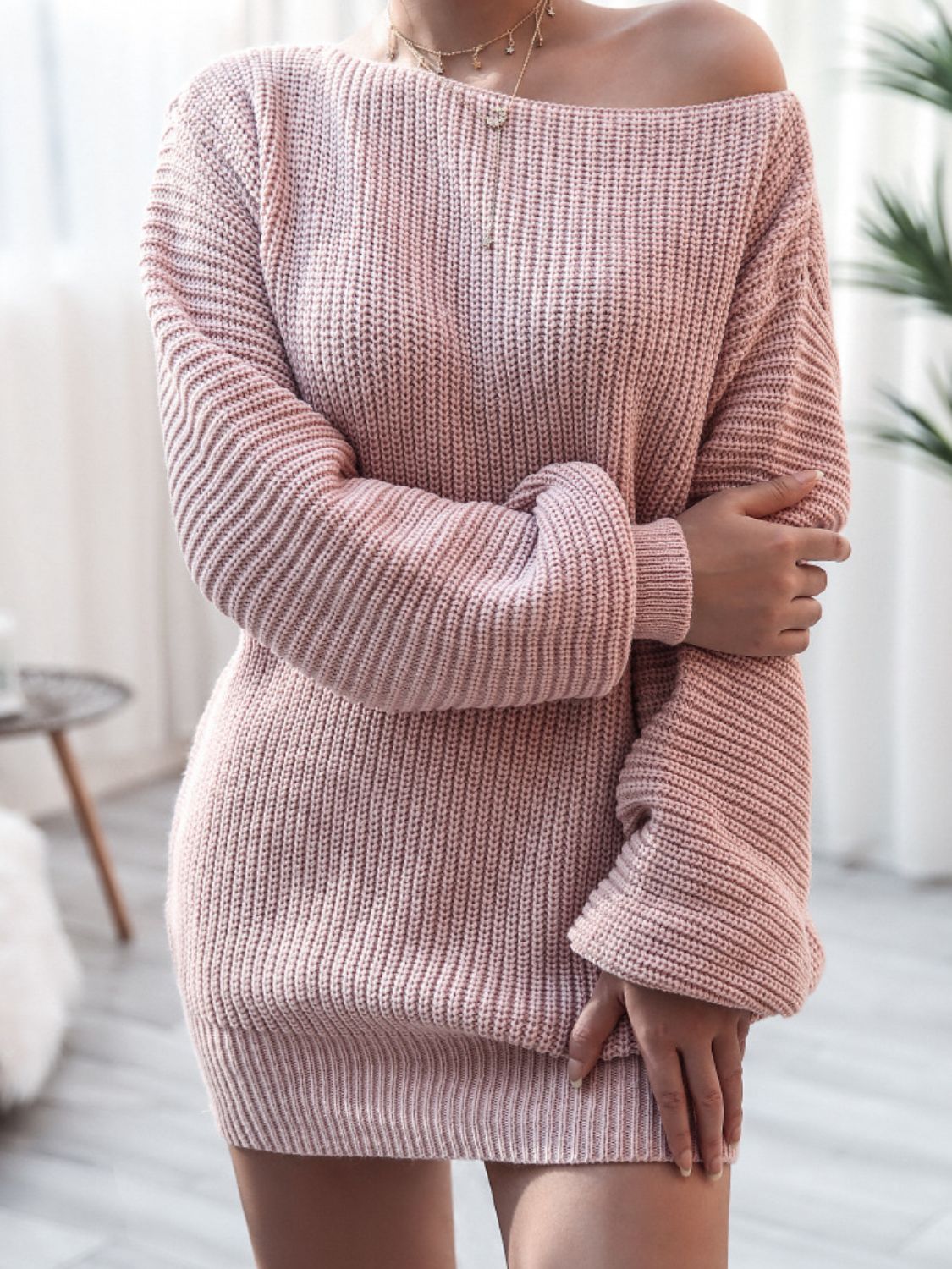 Rib-Knit Off the Shoulder Sweater Dress