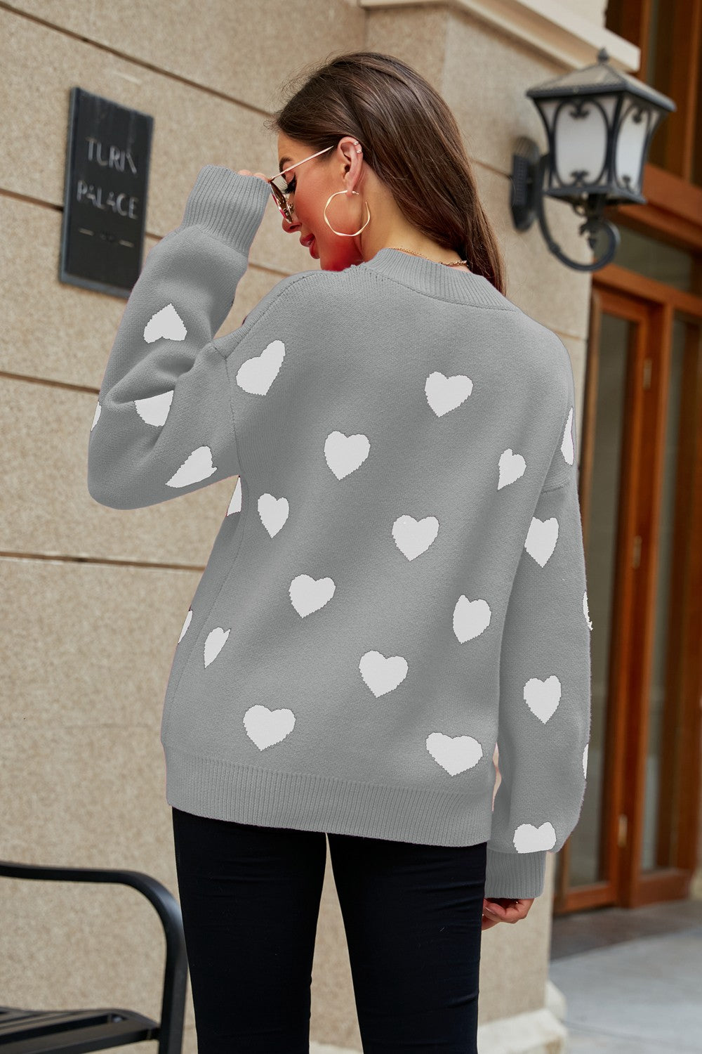 Heart Pattern Round Neck Sweater