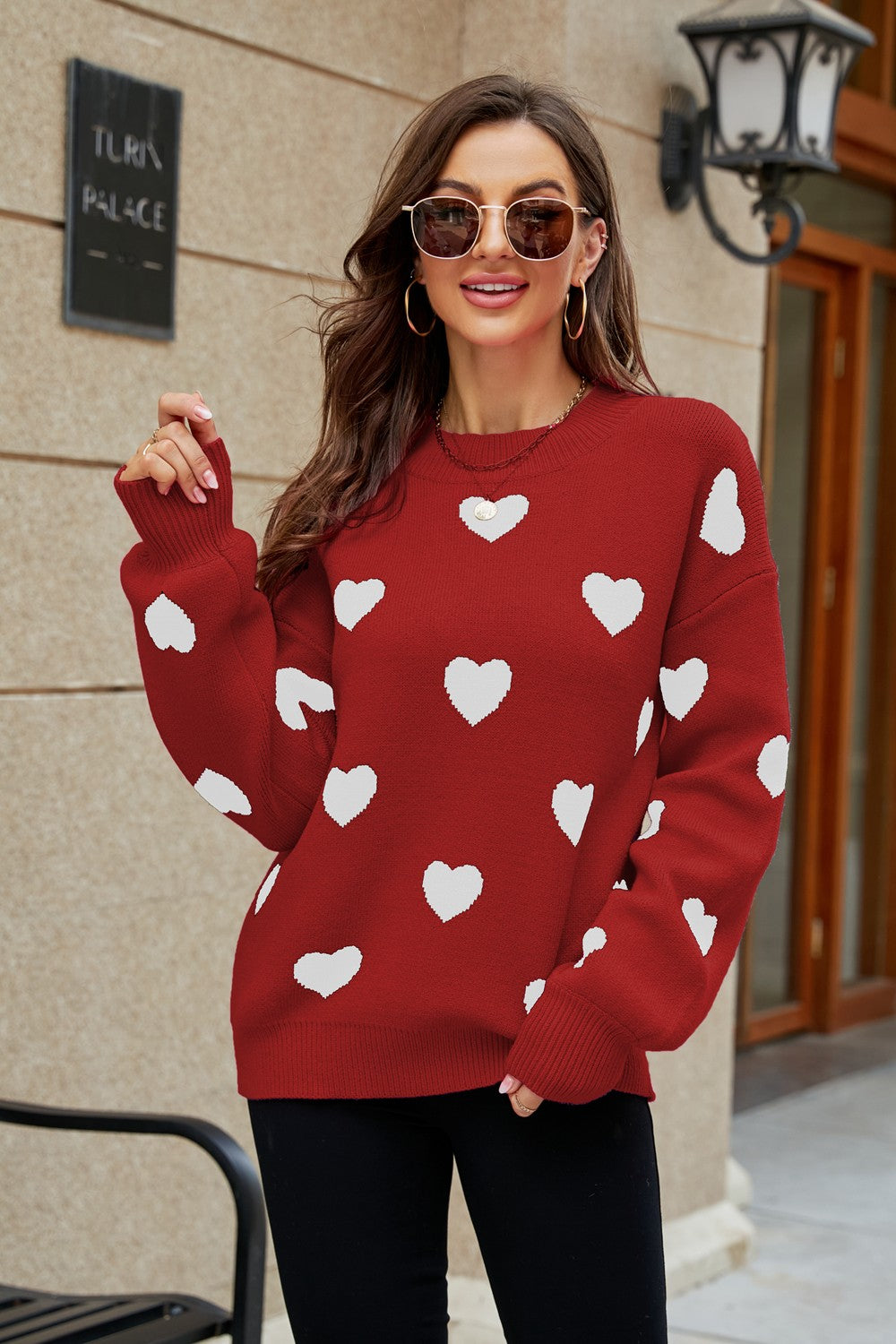 Heart Pattern Round Neck Sweater