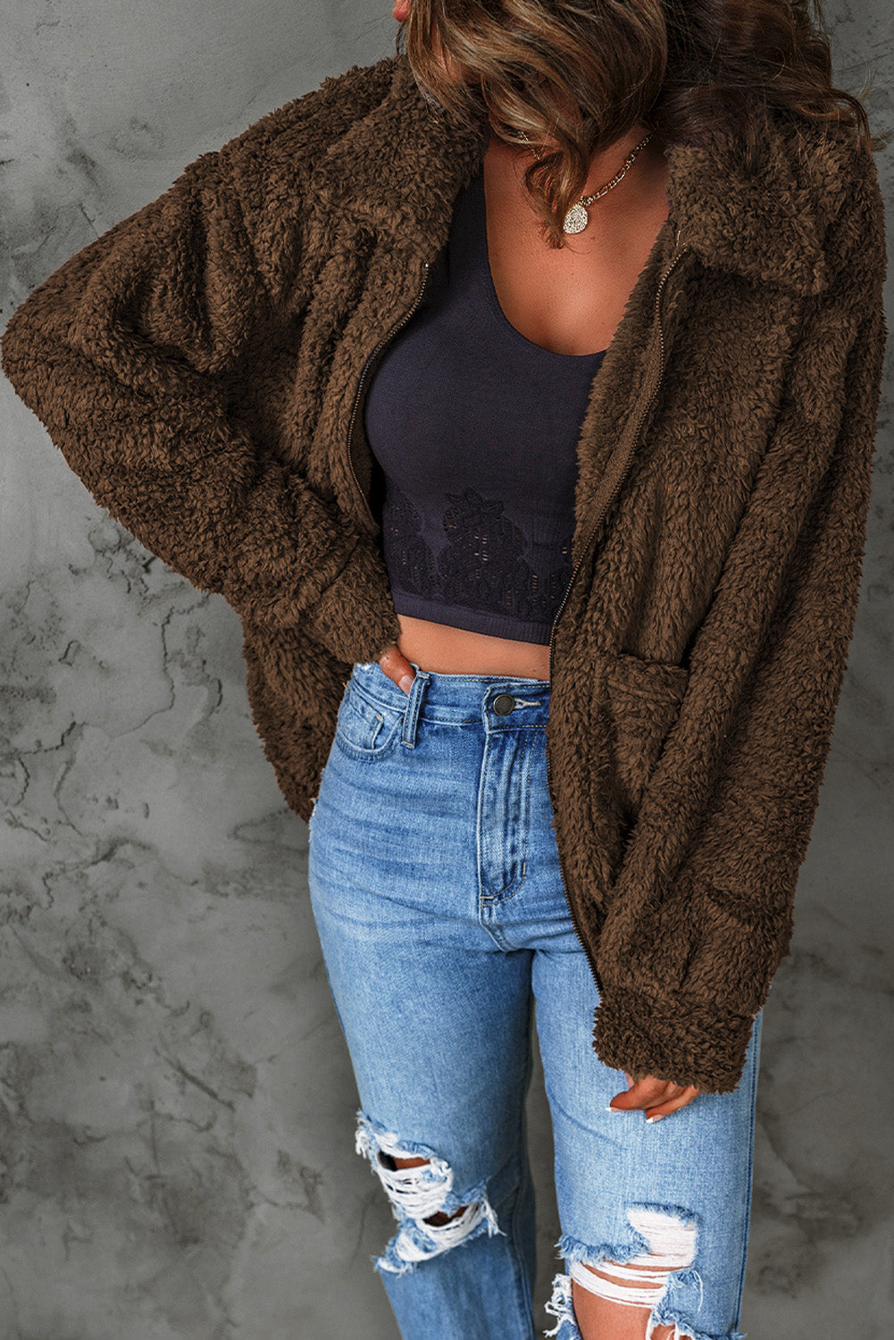 Brown Zip Up Teddy Jacket with Pockets