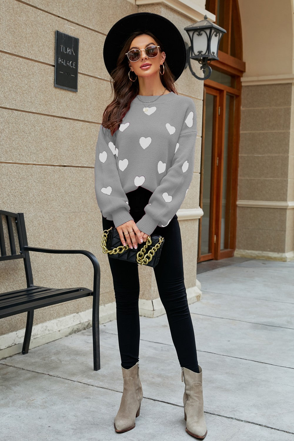 Heart Pattern Round Neck Sweater