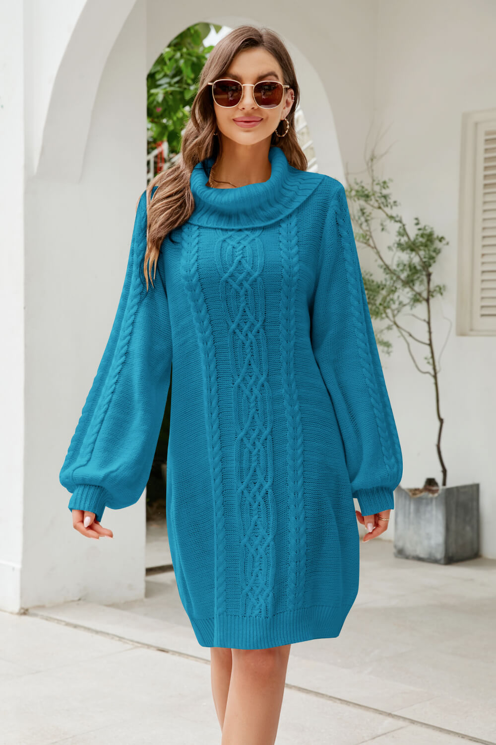 Turtleneck Lantern Sleeve Sweater Dress