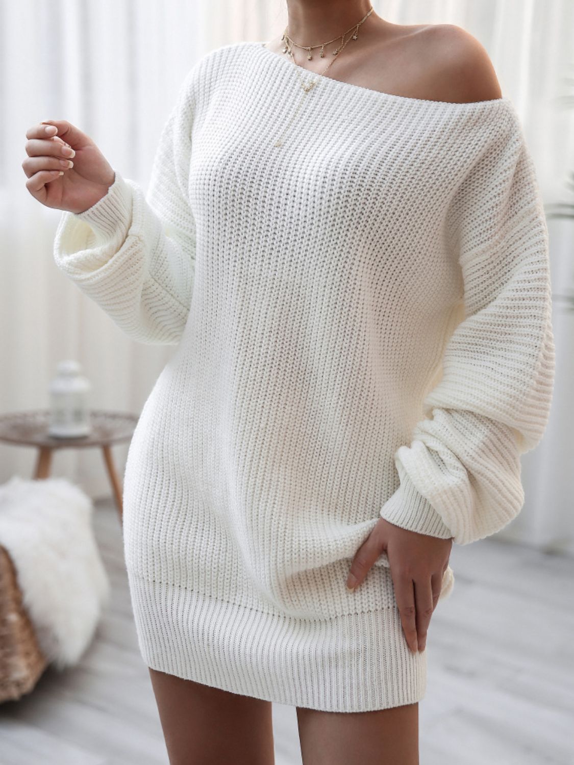 Rib-Knit Off the Shoulder Sweater Dress