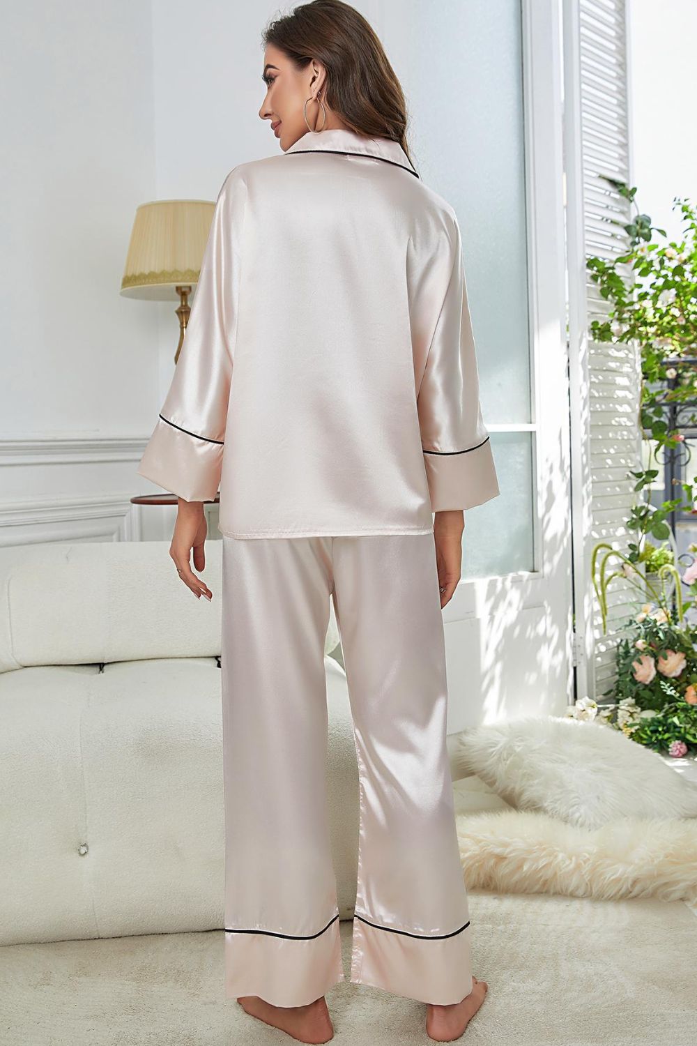 Contrast Piping Satin Pajama Set